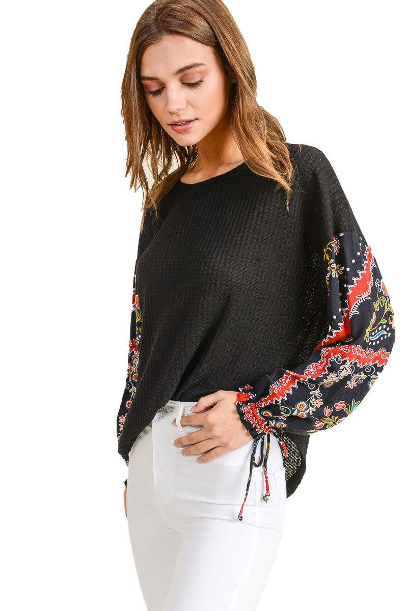 Women's Waffle Knit with Contrast Sleeves Tops - Shirts & Tops - BellanBlue