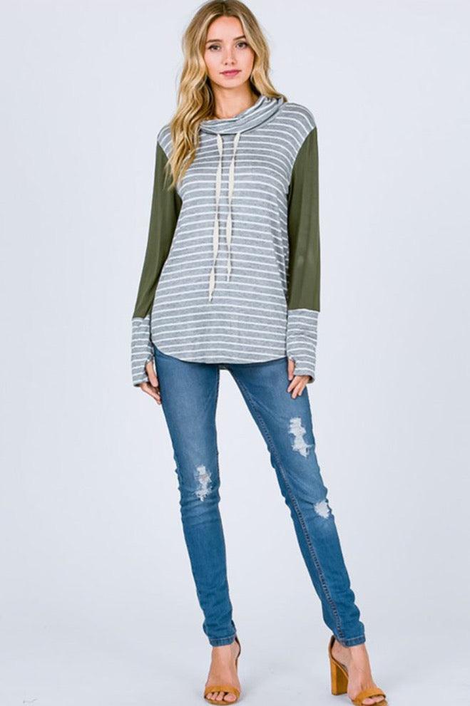 Women Strip Cowl Neck Long Sleeve Top - Shirts & Tops - BellanBlue
