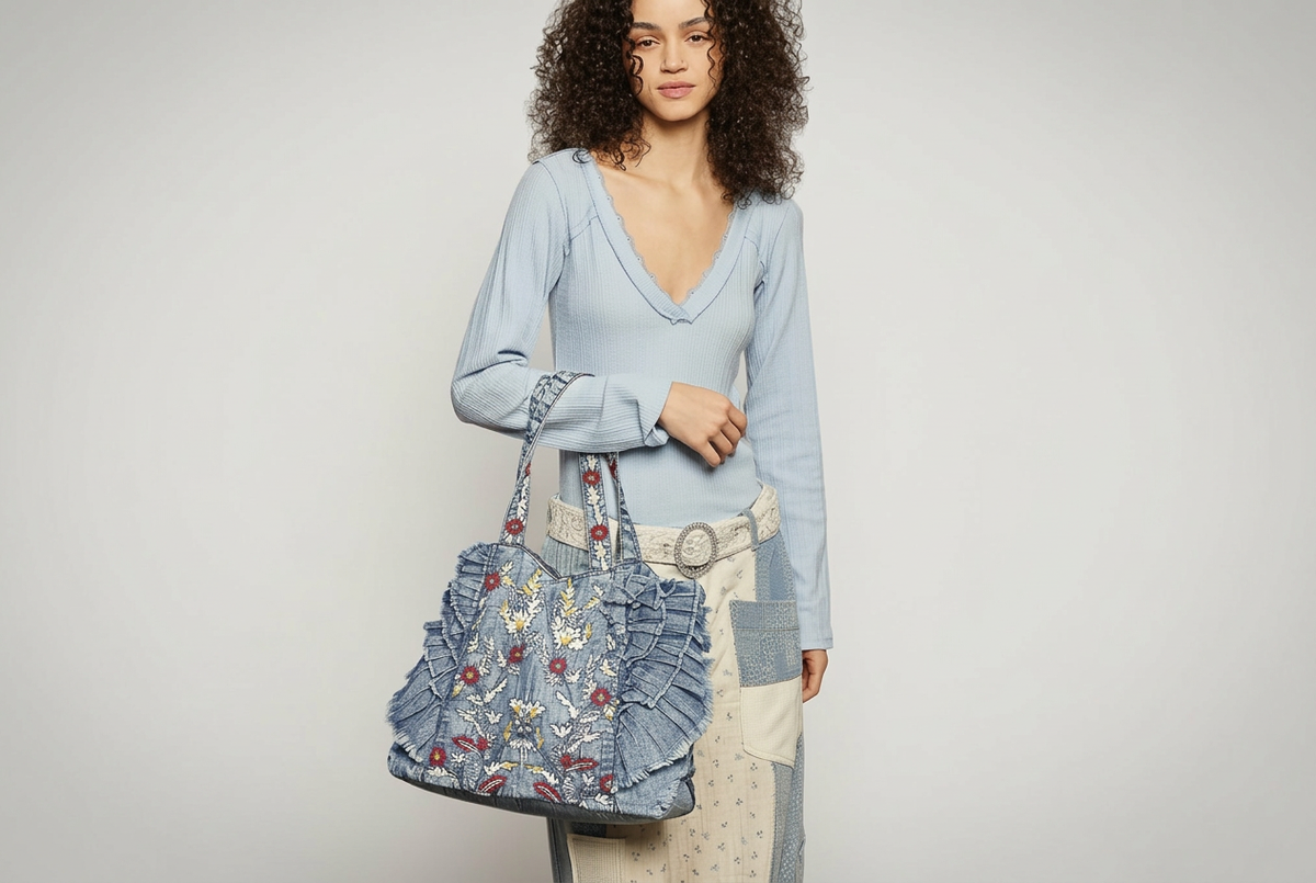 POL Clothing embroidered ruffle denim tote bag with floral stitching, carried by a model wearing a light blue top.