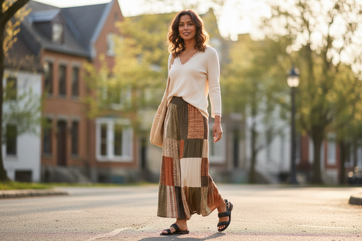 Women's spring boho outfit with wide-leg patchwork pants, lace-detail top, and black braided flat thong sandals - BellanBlue spring style guide