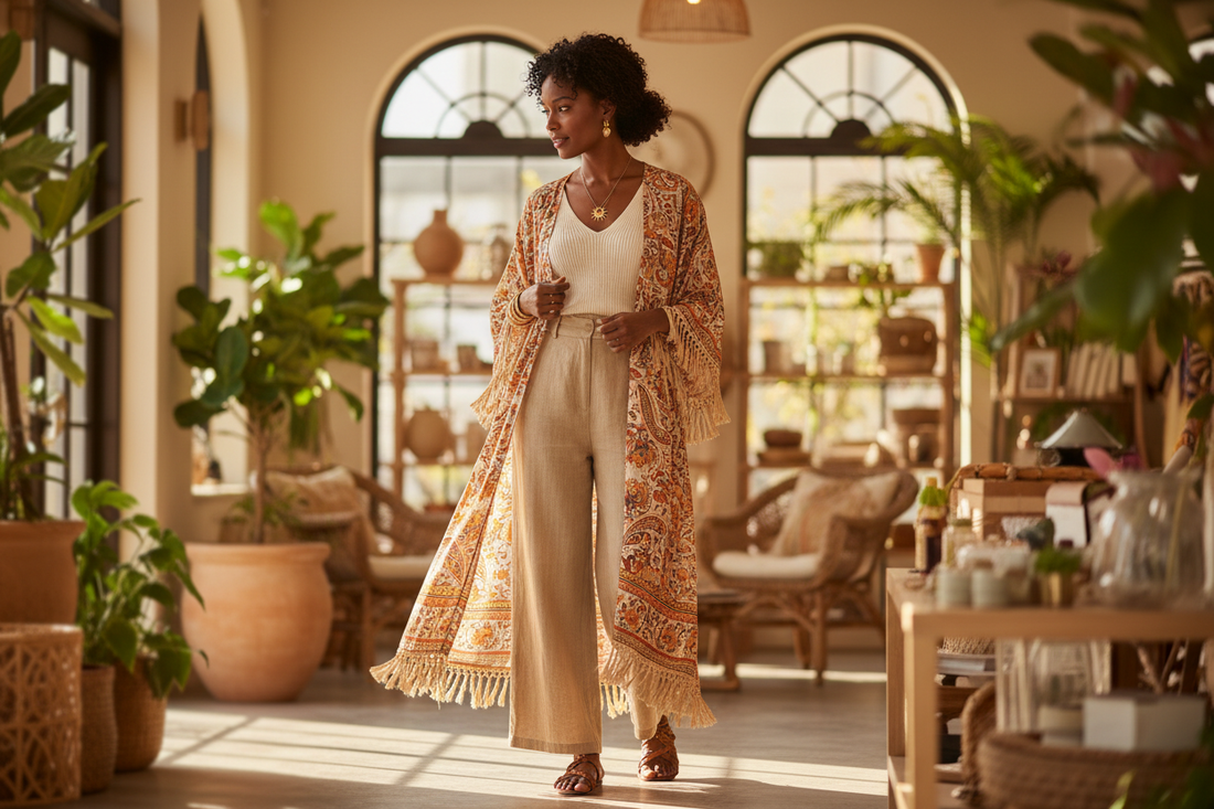 Women's boho style outfit with longline kimono wrap, ribbed v-neck top, wide-leg pants and braided flat sandals - BellanBlue style guide