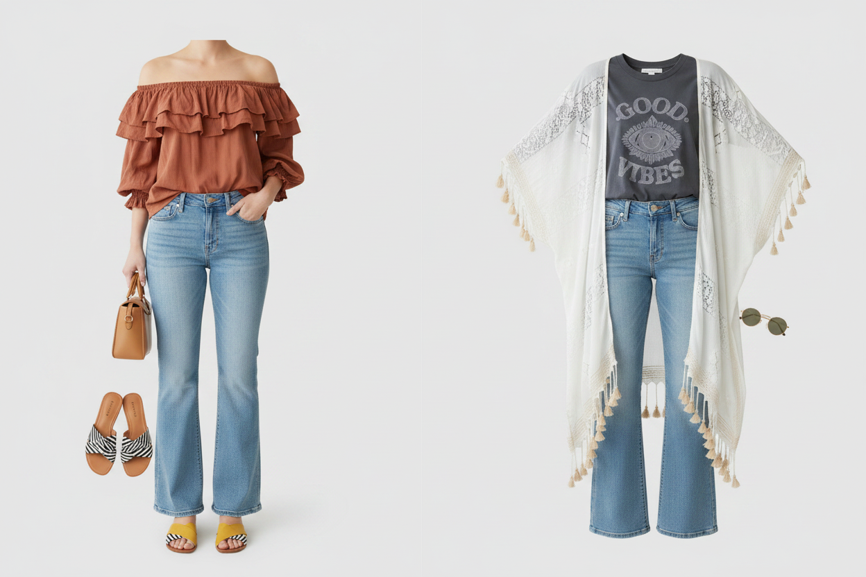 Women's easy outfit formulas featuring flare jeans, ruffle blouse, kimono wrap, graphic tee and slide sandals - BellanBlue
