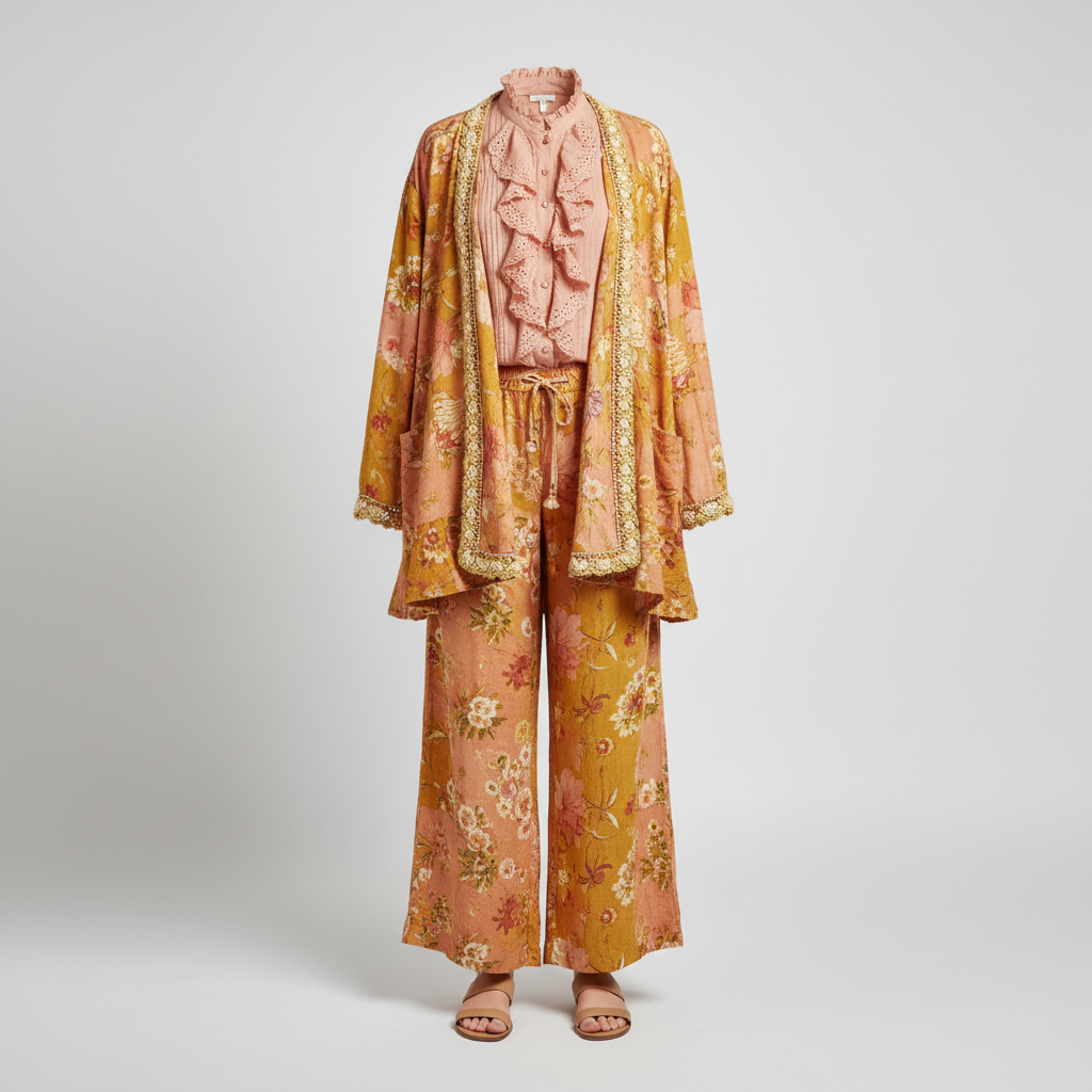 A Rare Bird Shop boho-luxe collection — ghost mannequin outfit with patchwork jacket, eyelet blouse, palazzo pants, and tan sandals