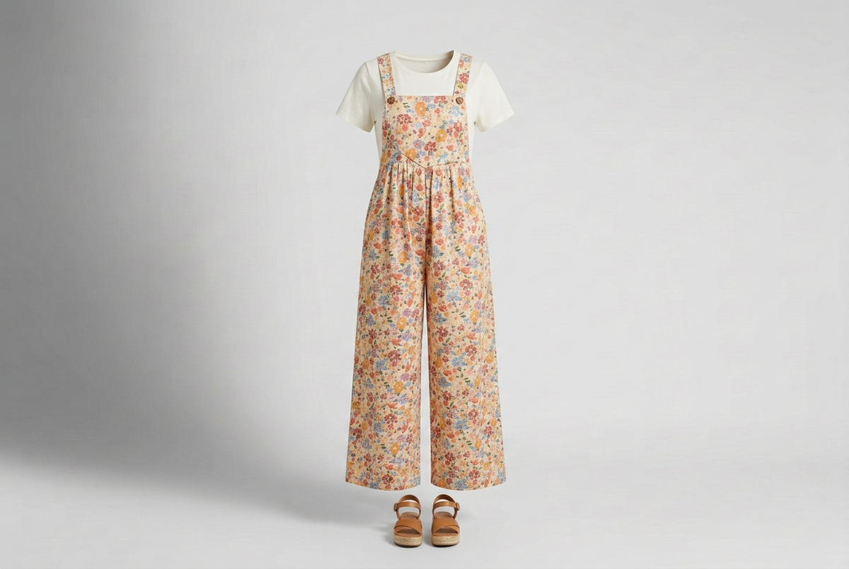 Cream floral wide-leg overalls layered over an ivory tee with tan sandals against a softly shaded gray studio backdrop.