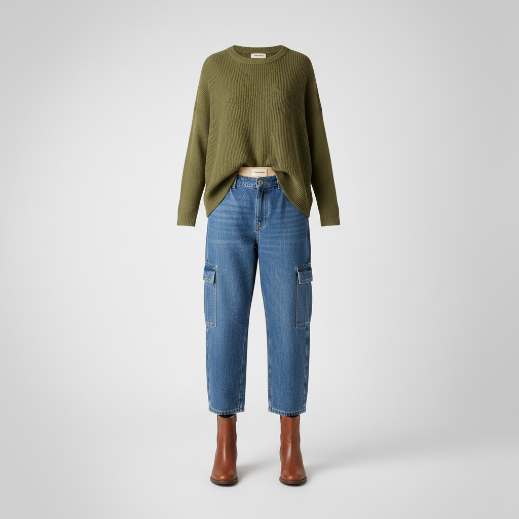 Bibi women's boutique collection — olive knit top and denim cargo pants ghost mannequin front view - BellanBlue