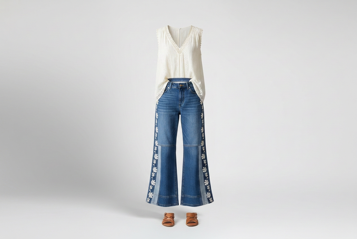 Floral-embroidered wide-leg jeans with an ivory sleeveless blouse and brown slides against a softly shaded gray backdrop.