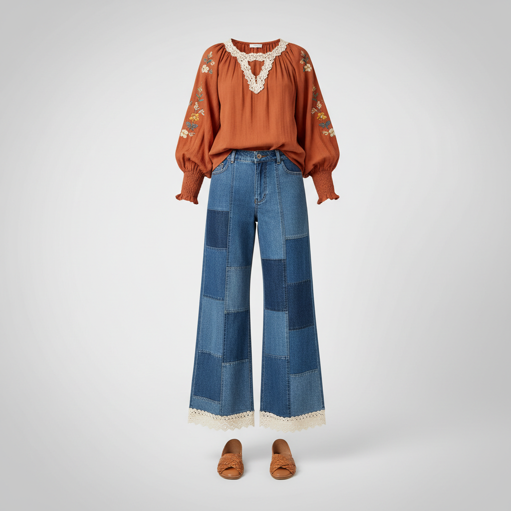 Boho style women's outfit — rust balloon sleeve embroidered top with patchwork wide-leg denim pants - BellanBlue