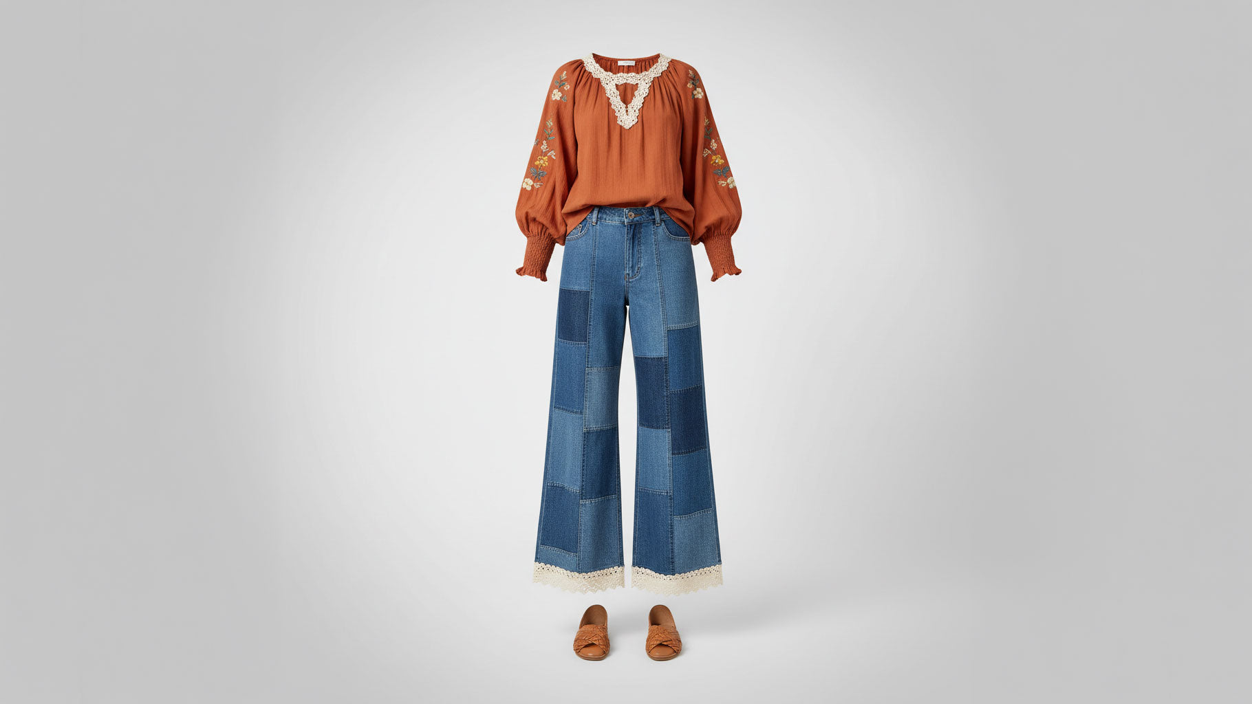Boho style women's outfit — rust balloon sleeve embroidered top with patchwork wide-leg denim pants - BellanBlue
