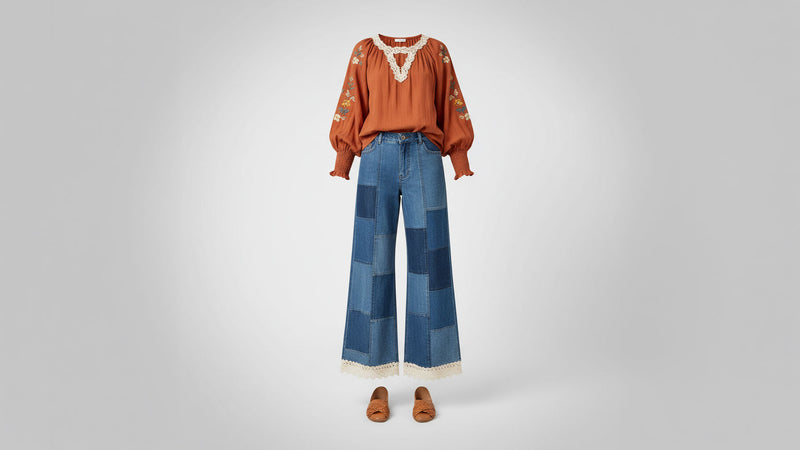 Boho style women's outfit — rust balloon sleeve embroidered top with patchwork wide-leg denim pants - BellanBlue