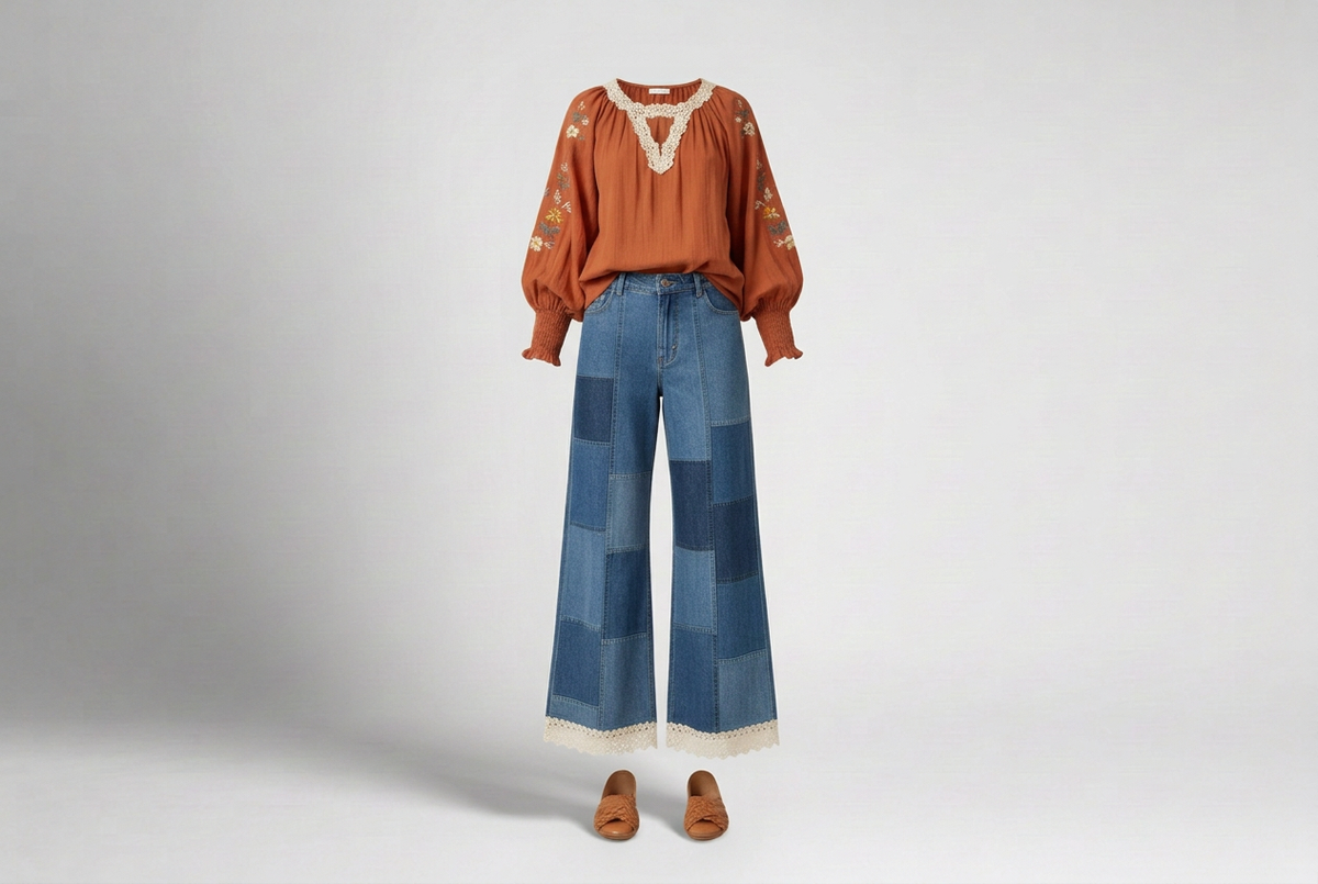 Rust embroidered balloon-sleeve blouse with blue patchwork wide-leg jeans and cognac slides in a shaded gray studio.