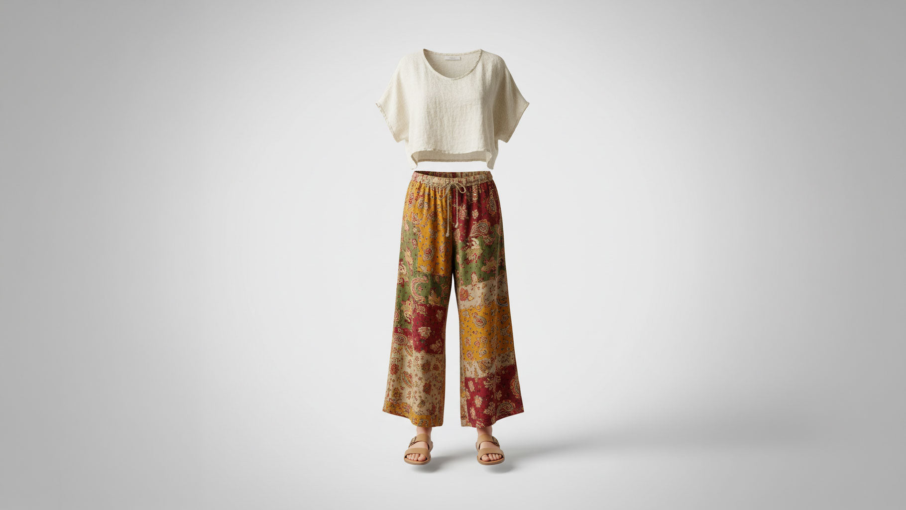 Women's wide-leg patchwork boho pants styled with cream cropped top and tan sandals, boutique bottoms collection at BellanBlue