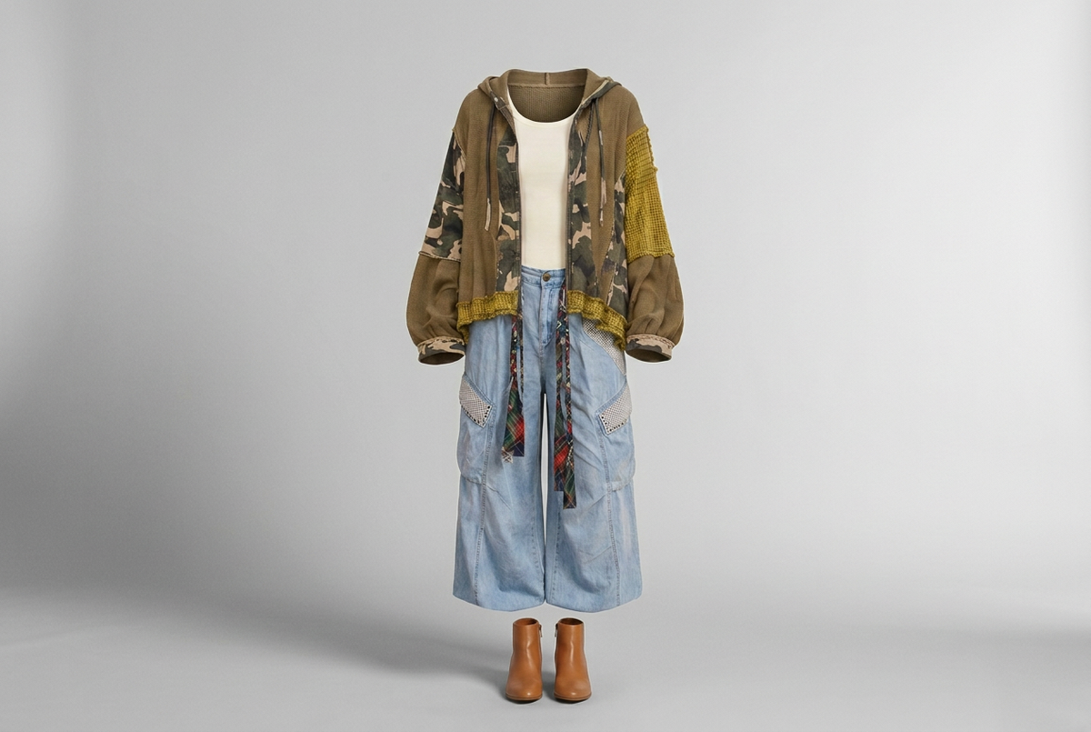 Olive and mustard patchwork hoodie over an ivory tank with light-wash wide-leg jeans and tan boots in a gray studio.
