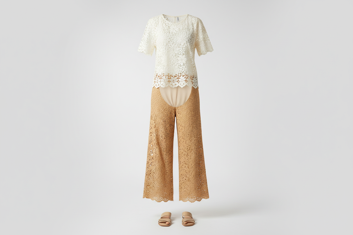 Cream crochet lace top and wide-leg eyelet pants ghost mannequin — women's boho textured clothing at BellanBlue