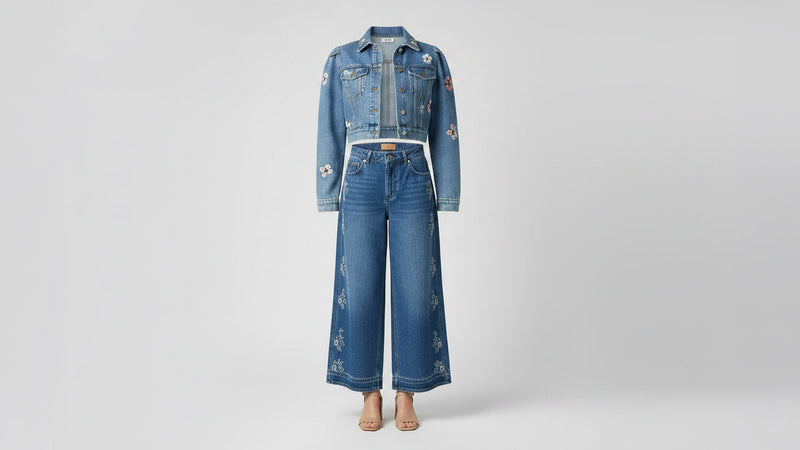 Women's wide-leg embroidered denim jeans and white cropped top — ghost mannequin flat lay at BellanBlue