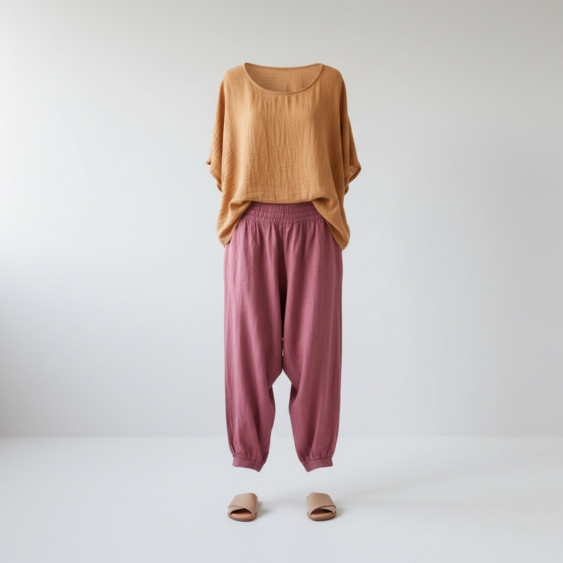 Easel women's boho collection — rose pink harem pants and sand gauze top ghost mannequin front view - BellanBlue