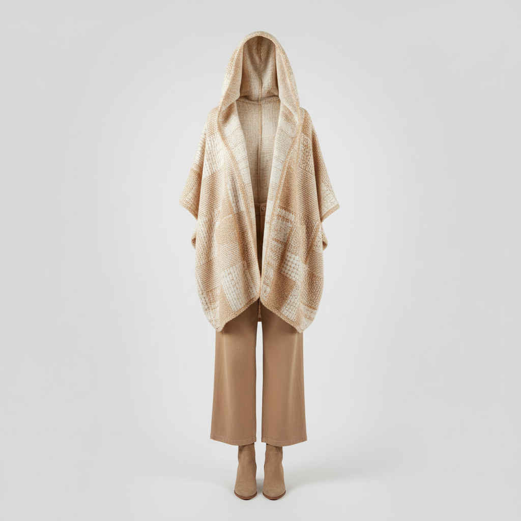 Women's cozy cream hooded cardigan and tan wide-leg trousers ghost mannequin front view boutique hoodies collection - BellanBlue
