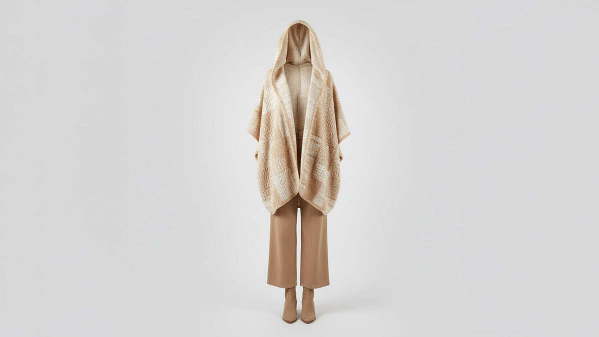Women's cozy cream hooded cardigan and tan wide-leg trousers ghost mannequin front view boutique hoodies collection - BellanBlue