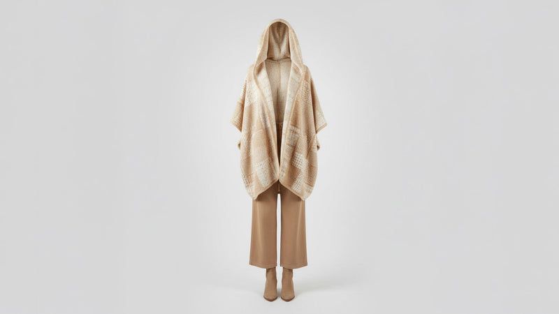 Women's cozy cream hooded cardigan and tan wide-leg trousers ghost mannequin front view boutique hoodies collection - BellanBlue