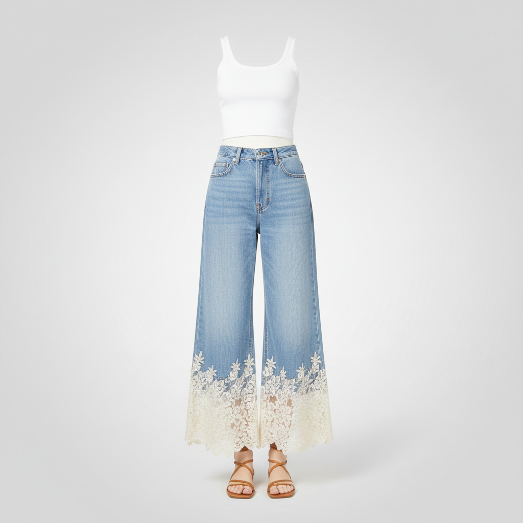 Women's Risen Jeans collection – wide-leg light wash denim with floral lace overlay, rhinestone embellished styles, high-rise boutique denim at BellanBlue