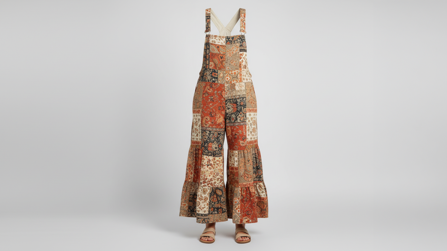 Overalls ghost mannequin — patchwork tiered wide-leg overalls in earthy mixed prints with tan sandals
