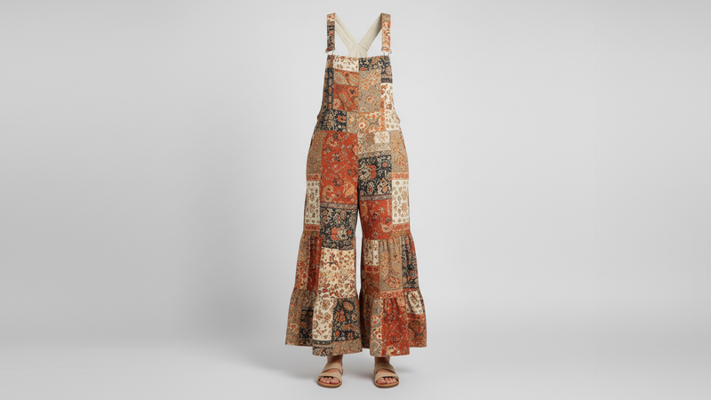 Overalls ghost mannequin — patchwork tiered wide-leg overalls in earthy mixed prints with tan sandals
