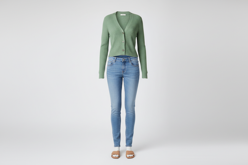Sale Tops women's sage green ribbed cardigan styled with light wash denim on a ghost mannequin, clean studio backdrop