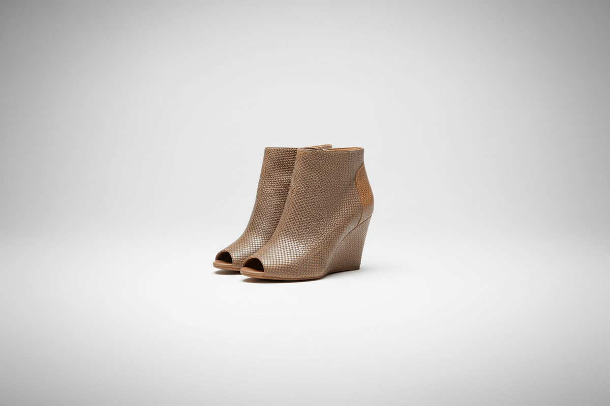 Qupid taupe peep-toe wedge booties ghost mannequin studio shot for BellanBlue shoe collection