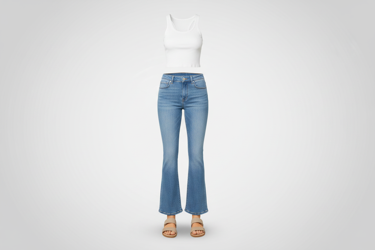 KanCan light wash flare jeans and white ribbed crop top ghost mannequin flat lay, women's denim collection