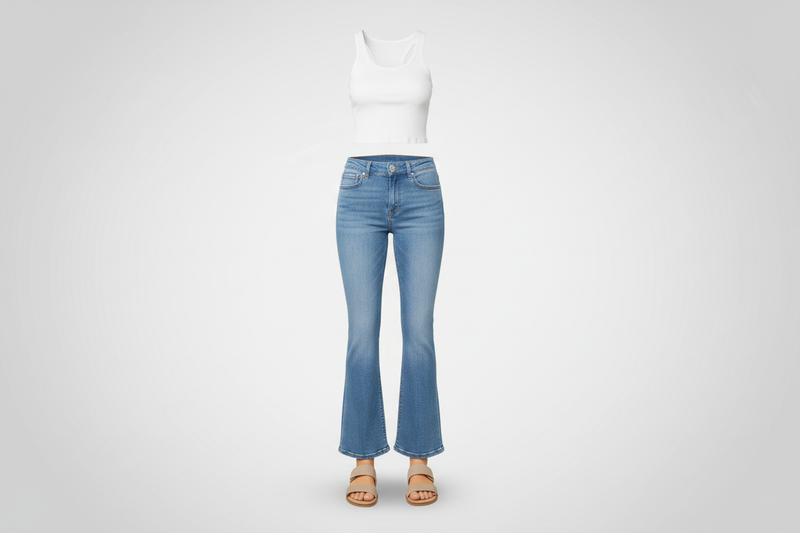KanCan light wash flare jeans and white ribbed crop top ghost mannequin flat lay, women's denim collection