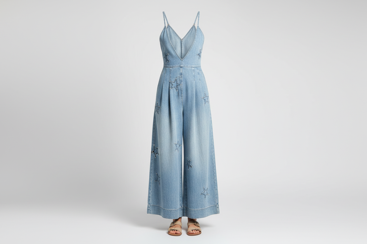 Bluevelvet Jumpsuits & Rompers ghost mannequin — light denim star patch wide-leg jumpsuit with tan sandals