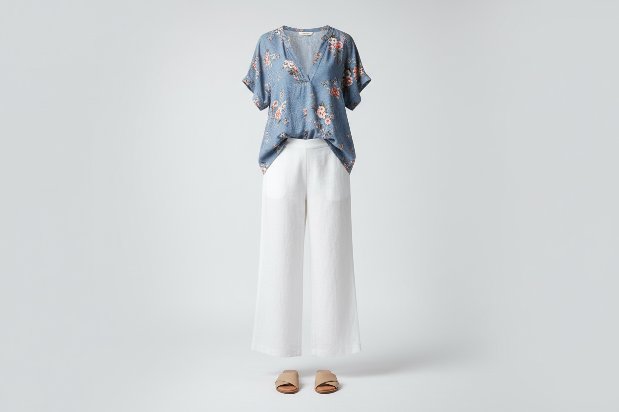 Bluevelvet Tops ghost mannequin — dusty blue floral patchwork V-neck blouse with white wide-leg pants and tan sandals