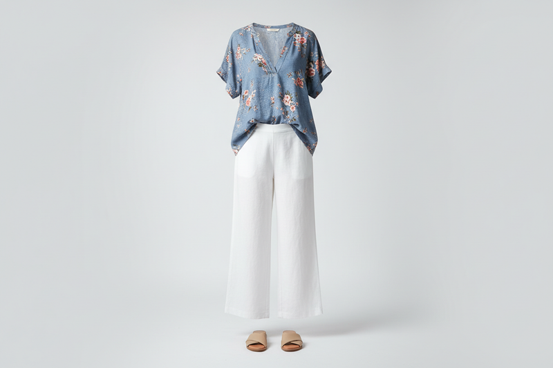 Bluevelvet Tops ghost mannequin — dusty blue floral patchwork V-neck blouse with white wide-leg pants and tan sandals
