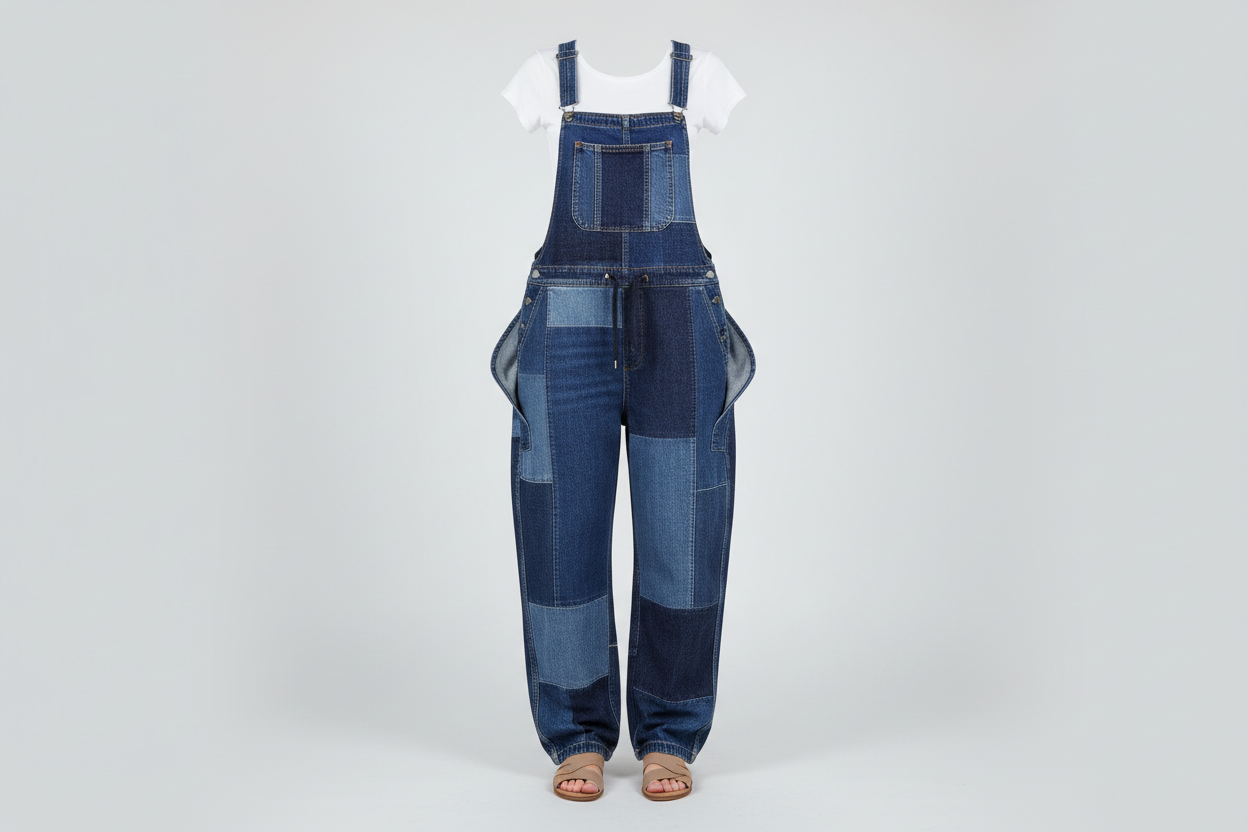 Bluevelvet Overalls ghost mannequin — indigo patchwork denim wide-leg overalls with white tee and tan sandals