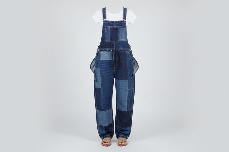 Bluevelvet Overalls ghost mannequin — indigo patchwork denim wide-leg overalls with white tee and tan sandals