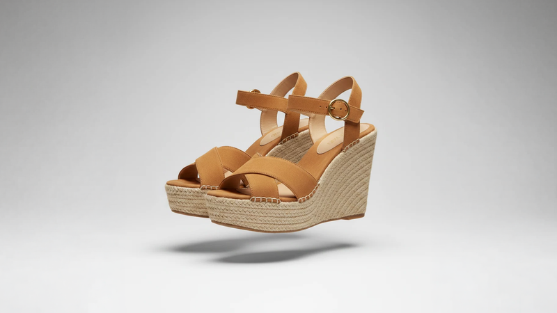 Women's espadrille wedge sandals with jute rope platform sole and ankle strap on light gray background