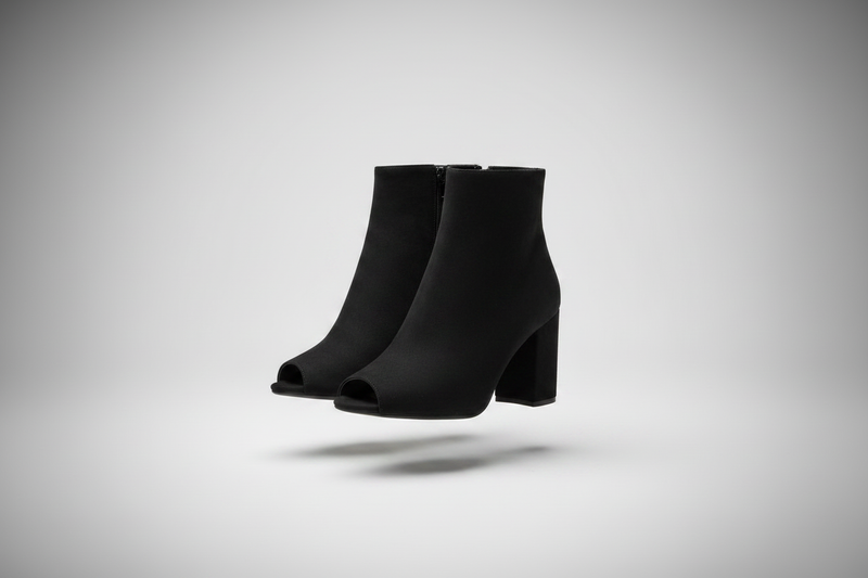 Black peep-toe block heel ankle booties pair angled product shot for BellanBlue Sale Shoes collection
