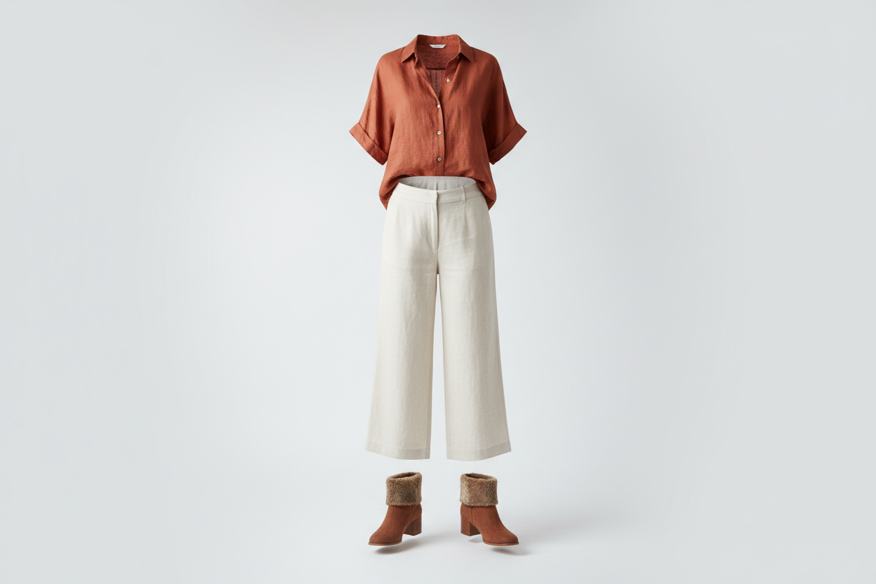 Bamboo women's shoes — ghost mannequin outfit with terracotta linen blouse, cream wide-leg trousers, and chestnut ankle booties