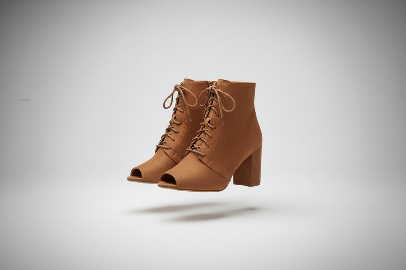 Bamboo chestnut block heel ankle booties floating ghost mannequin style on a light gray studio backdrop — Bamboo Shoes & Footwear at BellanBlue