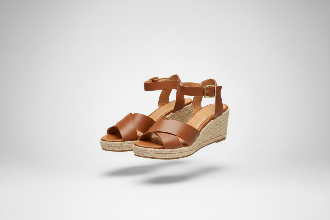 Cityclassified brown cork wedge ankle strap sandals with open toe and jute sole