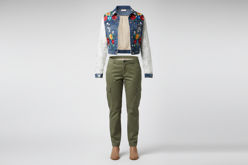 Ghost mannequin front view of a floral embroidery denim jacket with lace sleeves styled over olive trousers — Sale Coats & Jackets