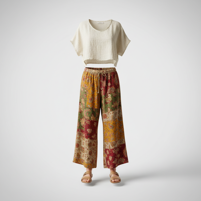 Women's wide-leg patchwork boho pants styled with cream cropped top and tan sandals, boutique bottoms collection at BellanBlue