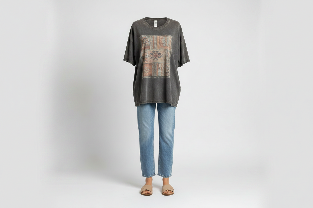 Ghost mannequin boho graphic tee with light wash jeans and tan sandals — BellanBlue Graphic Tees collection