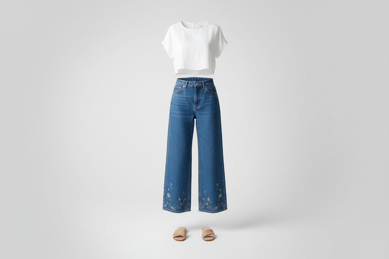Bluevelvet wide-leg boho pants — floral embroidered denim and ruffle-hem styles for vacation and festival wear