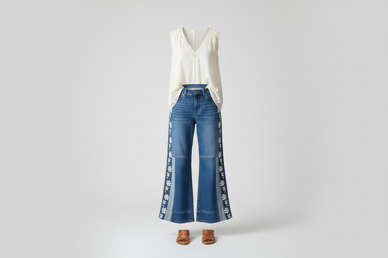 Bluevelvet Bottoms women's wide-leg boho pants in floral embroidered denim and soft pink ruffle styles, styled for a modern boutique look
