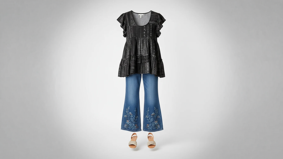 Oli & Hali black mineral wash patchwork tiered tunic top and wide-leg embroidered denim jeans ghost mannequin — boho boutique clothing at BellanBlue
