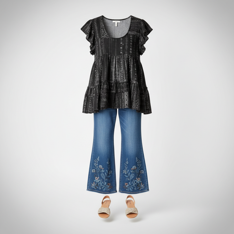 Oli & Hali black mineral wash patchwork tiered tunic top and wide-leg embroidered denim jeans ghost mannequin — boho boutique clothing at BellanBlue