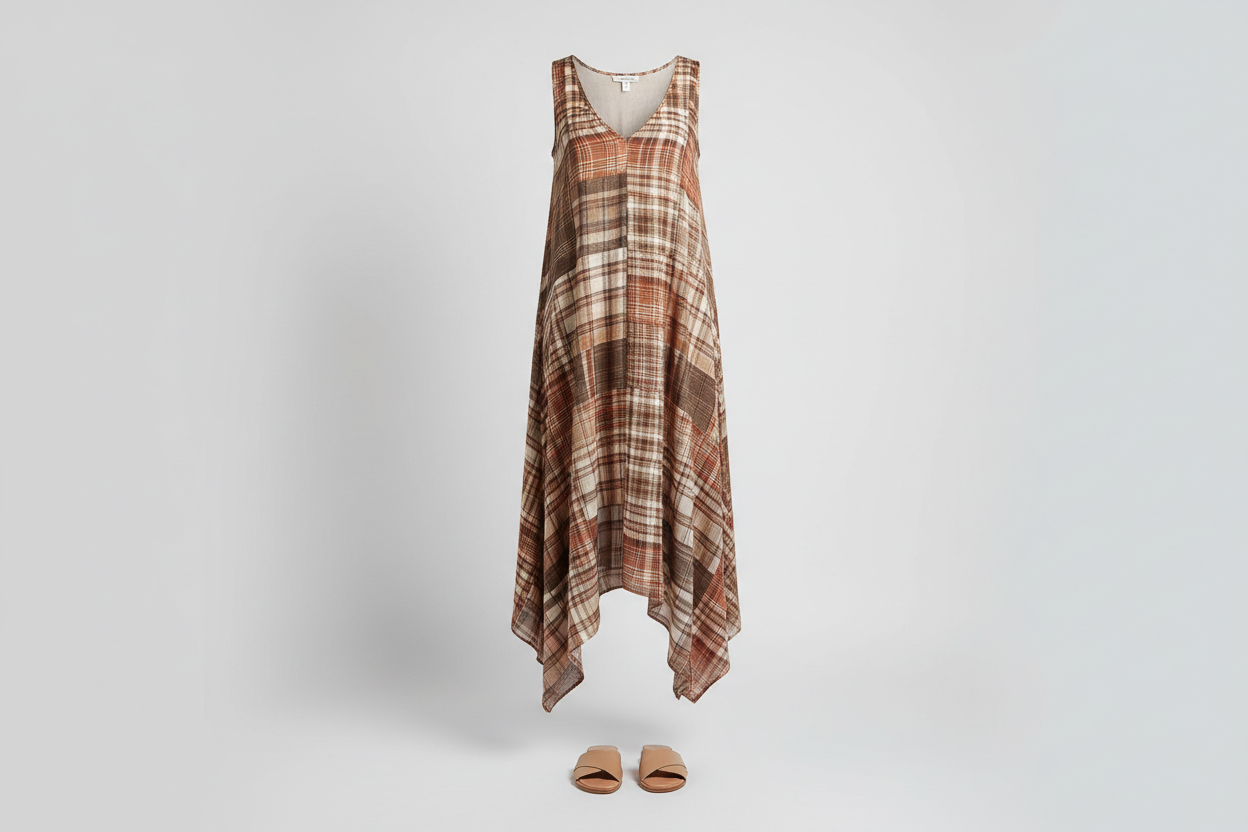 Bluevelvet Dresses ghost mannequin — mocha patchwork plaid tank midi dress with asymmetric hem and tan sandals