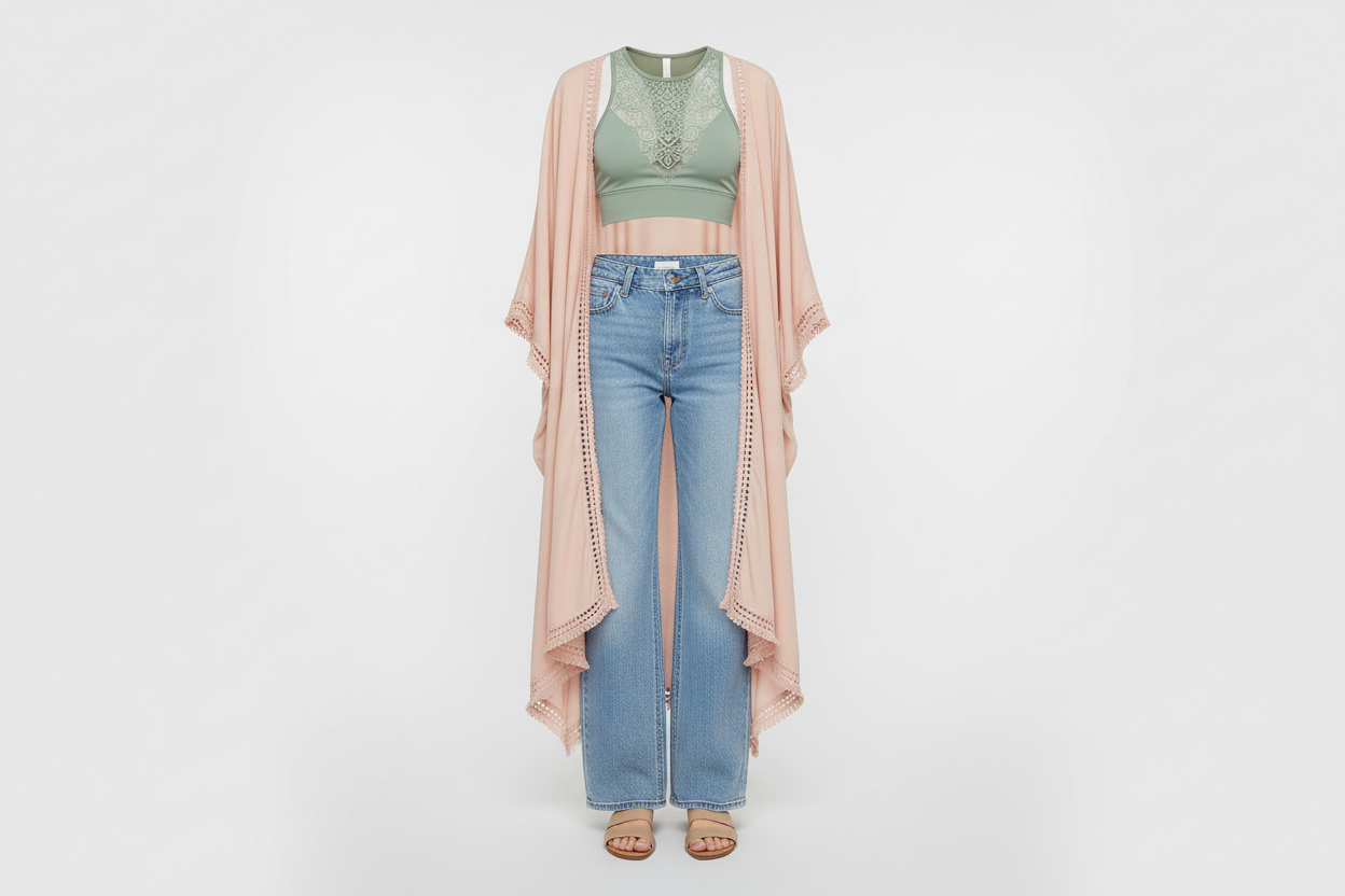 Leto Collection sage green mandala bralette and blush pink kimono ghost mannequin display with light wash denim