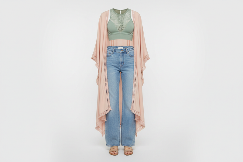 Leto Collection sage green mandala bralette and blush pink kimono ghost mannequin display with light wash denim