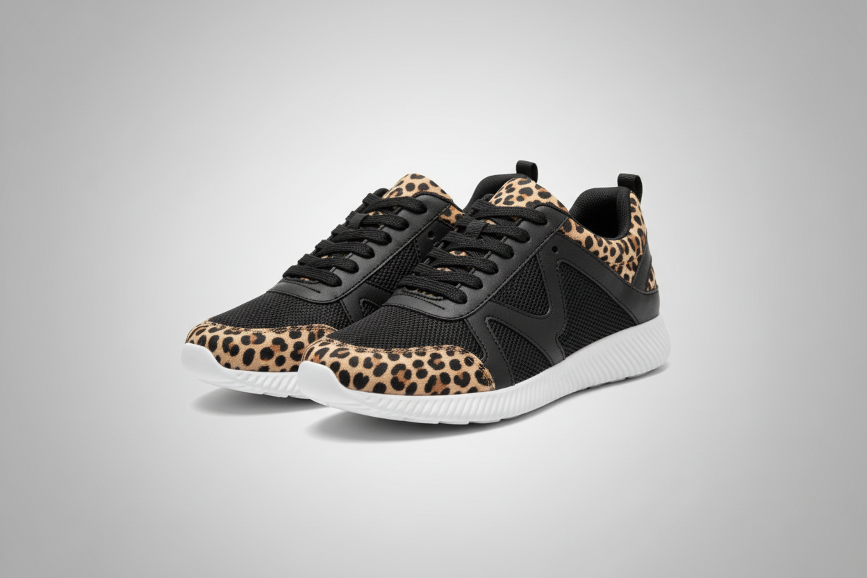 Qupid black and camel leopard print mesh-panel lace-up sneaker pair floating on gray gradient background